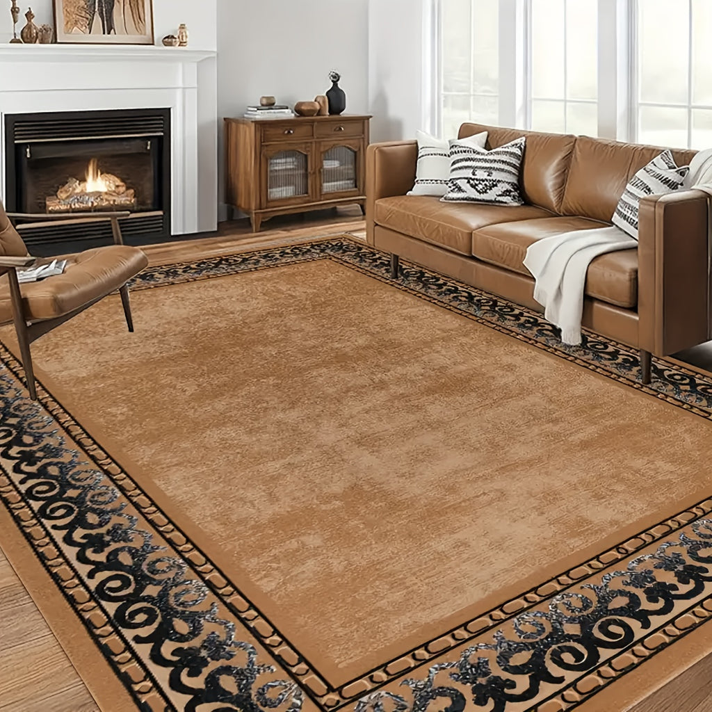 Crystal Velvet Area Rug Traditional Camel Brown Bordered – Non-Slip Machine Washable Plush Carpet, 800g/sqm Dense Pile, 31x20in
