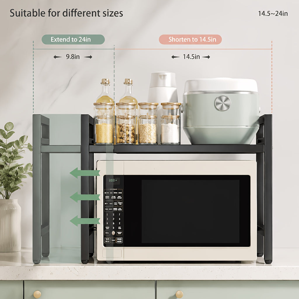 Microwave Oven Rack Expandable Countertop Shelf – Heavy Duty Carbon Steel Stand with 6 Hooks, Adjustable Height & Width, Dust Cover Included