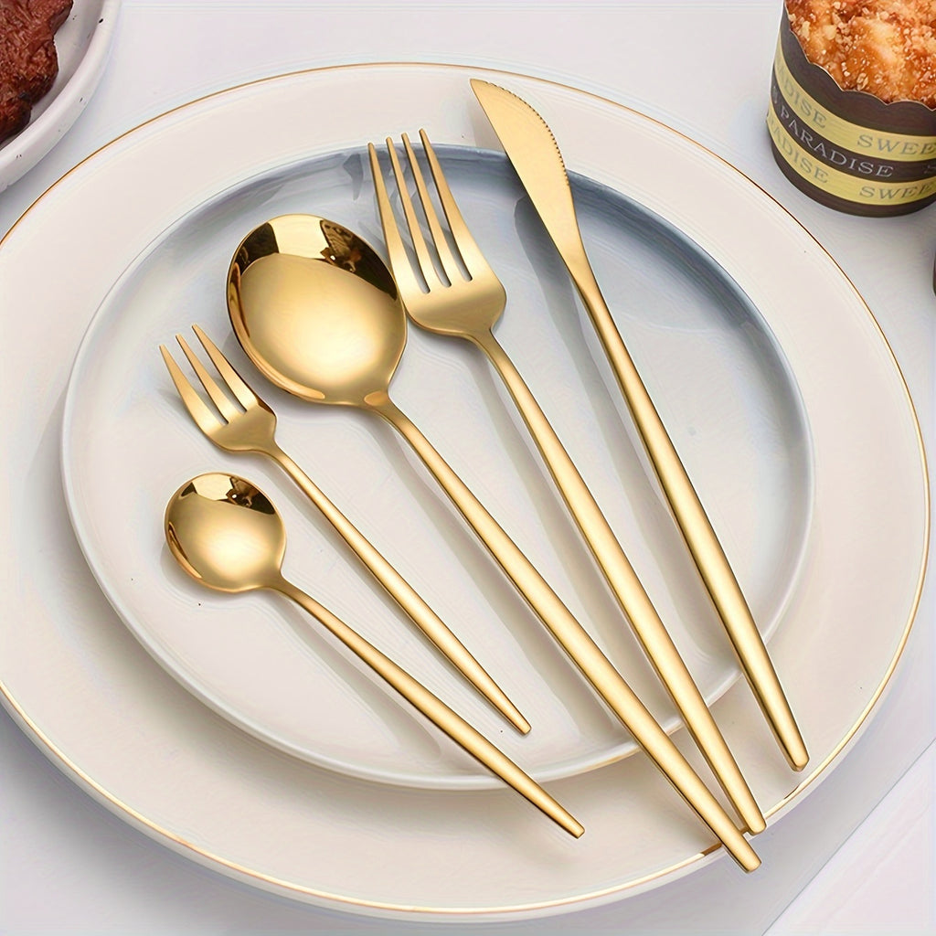 Elegant Golden Stainless Steel Cutlery Set 5-Piece – Knife, Fork, Soup Spoon & Dessert Spoon, Dishwasher Safe, for Home, Restaurant, Wedding & Celebrations