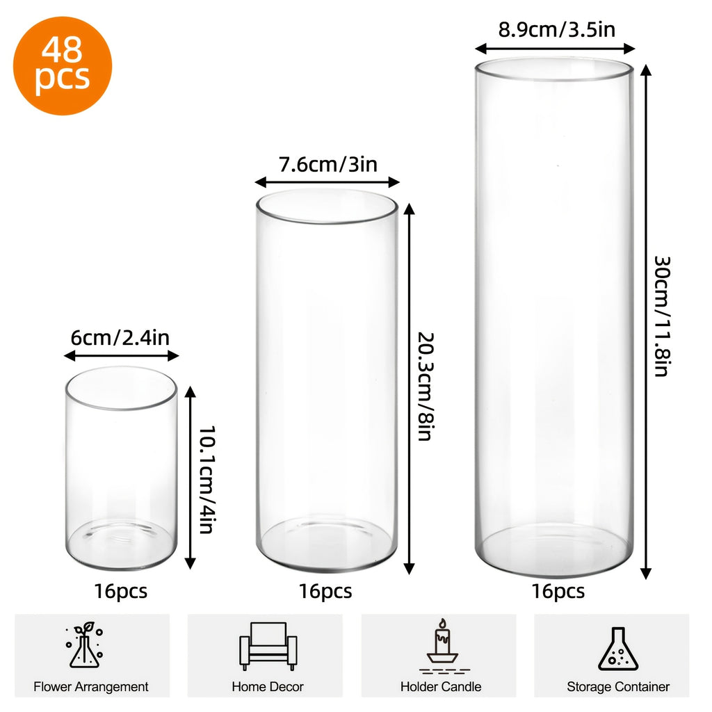 Glass Cylinder Vases Bulk Set 15/18/24/48pcs - 3 Sizes (4"/8"/12") Clear Candle Holders, Tall Flower Vases for Wedding Centerpieces, Party & Halloween Decorations, Home Decor