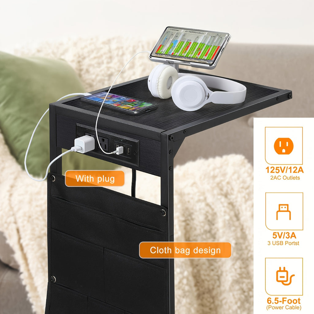 C-Shaped End Table with Charging Station – Sofa Side Table, 50LBS Capacity, Slides Under Sofa, Snack & Laptop Table for Living Room Bedroom (1pc/2pcs, w/wo Storage Bag)
