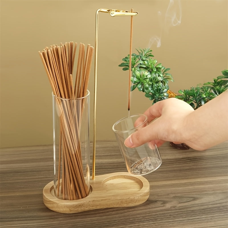 4-Piece Minimalist Glass Incense Holder Set with Wooden Base – Transparent Zen Style Ash Catcher for Yoga, Meditation & Home Decor