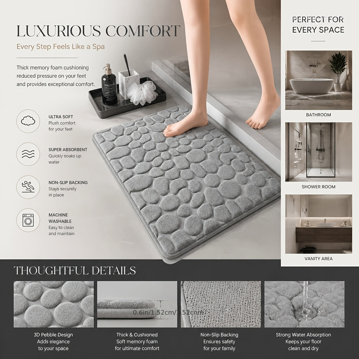 Super Absorbent Bath Mat Set 5 Piece Non-Slip Ultra Soft Bathroom Rugs, Premium Floor Mats for Bathtub Shower Vanity, 4 Colors Available