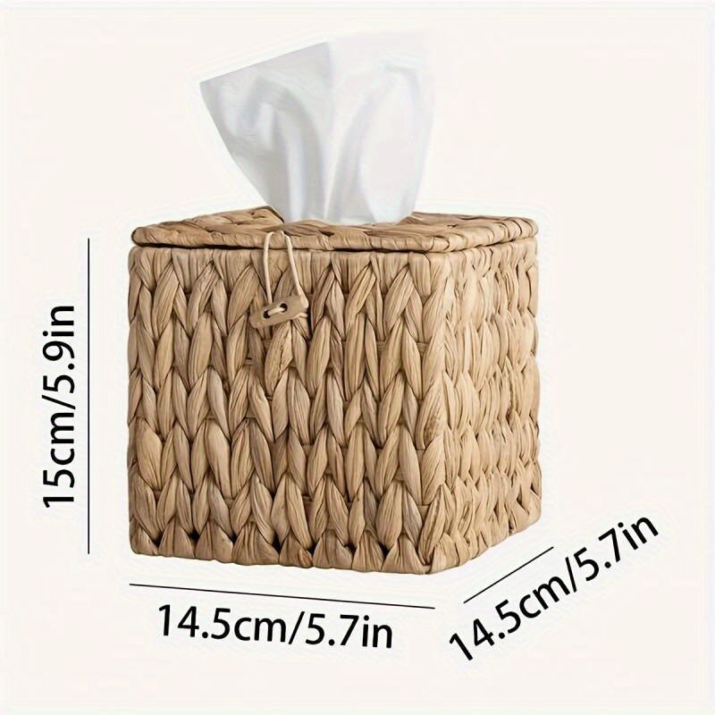 Boho Woven Square Tissue Box Cover with Lid – Natural Fiber, Snap Closure, Decorative Tissue Holder for Bathroom, Living Room, Bedroom & Vanity – Stylish Home Decor Storage Basket
