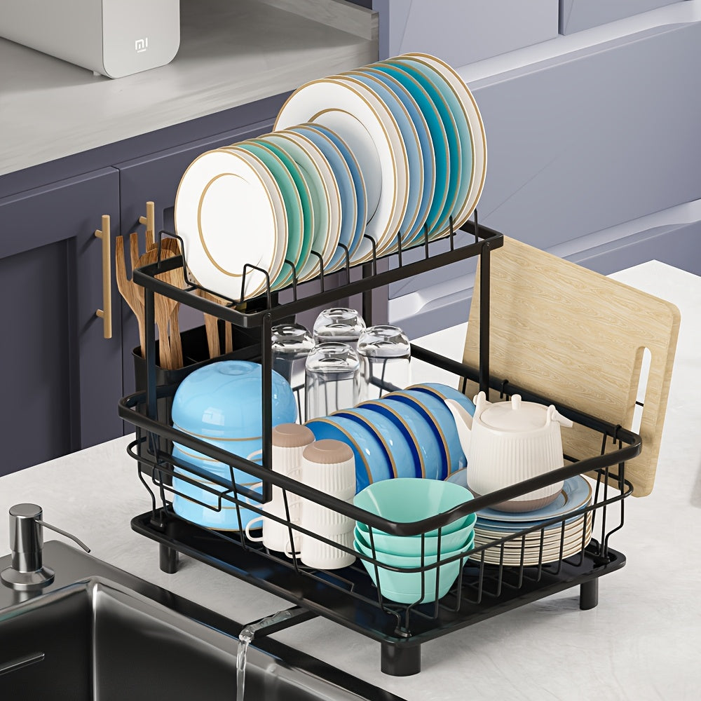 2-Tier Dish Drying Rack with Drainboard - Large Capacity Kitchen Counter Dish Drainer with Utensil Holder - Space-Saving Dish Rack for Kitchen Sink and Counter