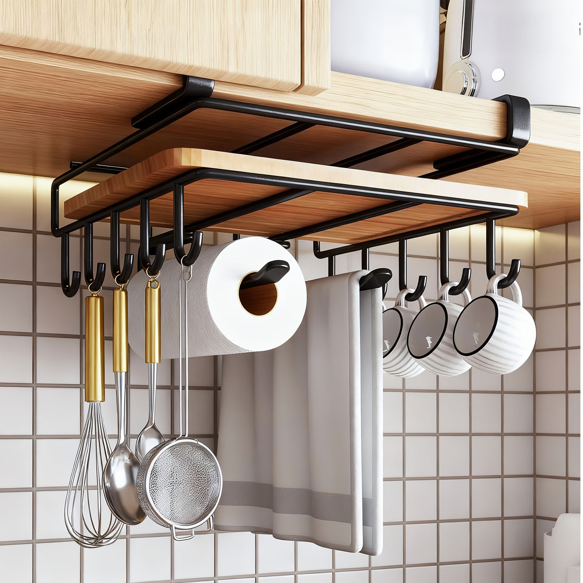 Under Cabinet Cutting Board Rack No-Drill – Carbon Steel Chopping Board Holder with Double-Row Hooks for Kitchen Utensils, Paper Towels & Spatulas | Multi-Use Under-Cabinet Storage Organizer