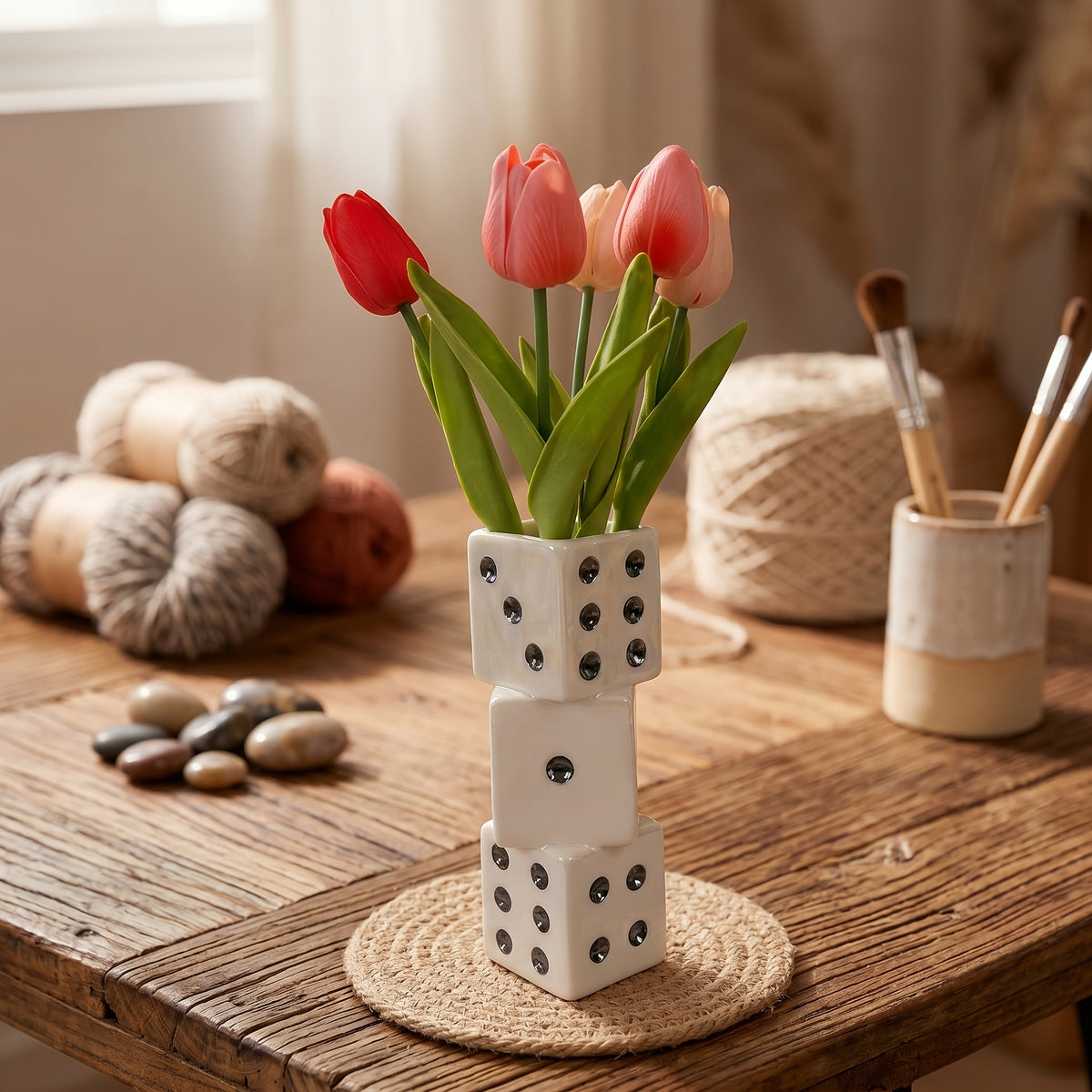 Ceramic Dice Vase Handmade Unique Decorative Vase for Dried Flowers Roses Pampas Grass Modern Home Decor Gift