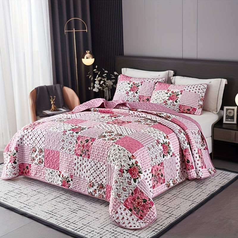 Pink Patchwork Quilted Bedspread Set 3 Piece – Sweet Floral Print, 1 Bedspread + 2 Pillowcases, Soft Breathable All-Season Bedding, Machine Washable, Twin Full/Queen King, Bedroom & Dorm Decor