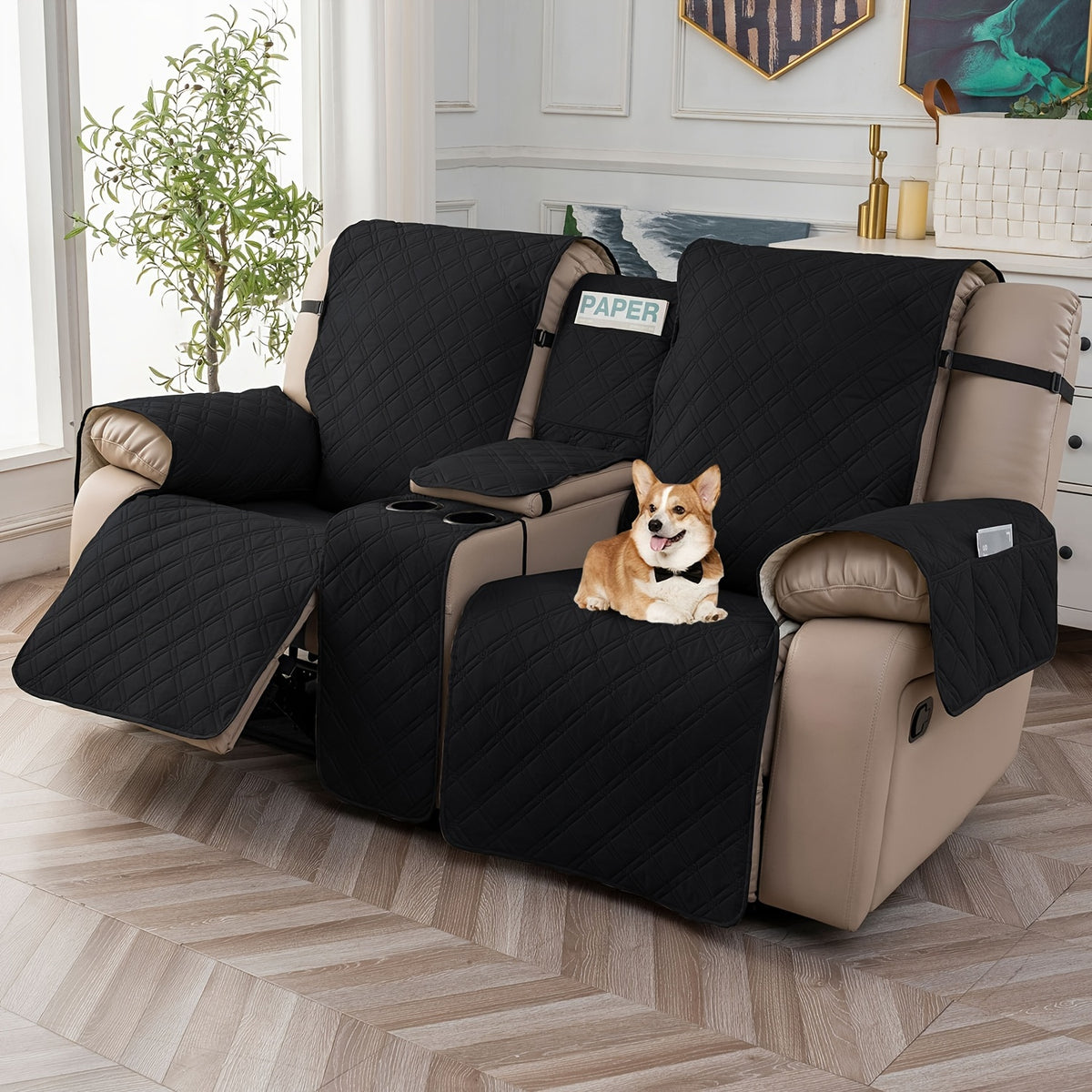 Recliner Loveseat Cover with Console 4-Piece Chenille Quilted Waterproof Slipcover | Non-Slip Pet Scratch Resistant Sofa Protector with Cup Holder Pocket, 9 Colors