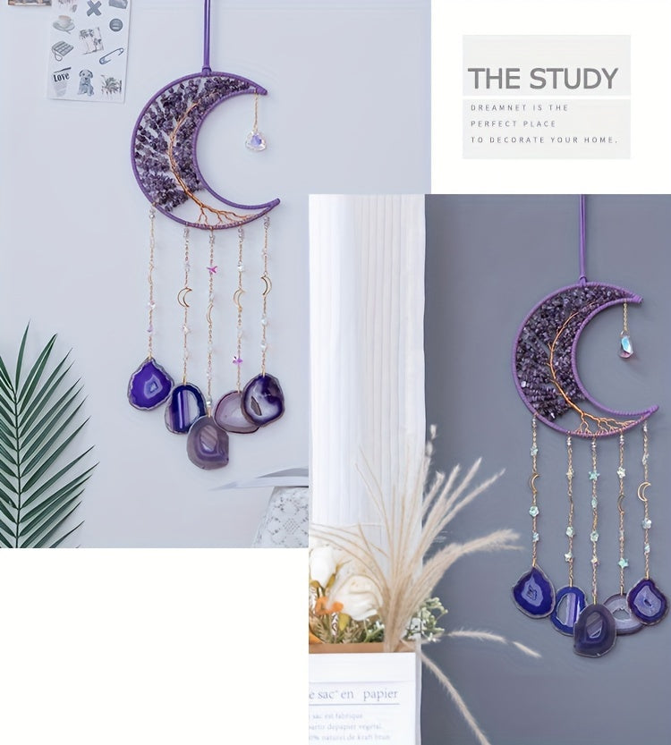 Amethyst Crystal Tree of Life Wall Hanging – Boho Crushed Stone Silk Moon Decor for Living Room, Bedroom & Nursery