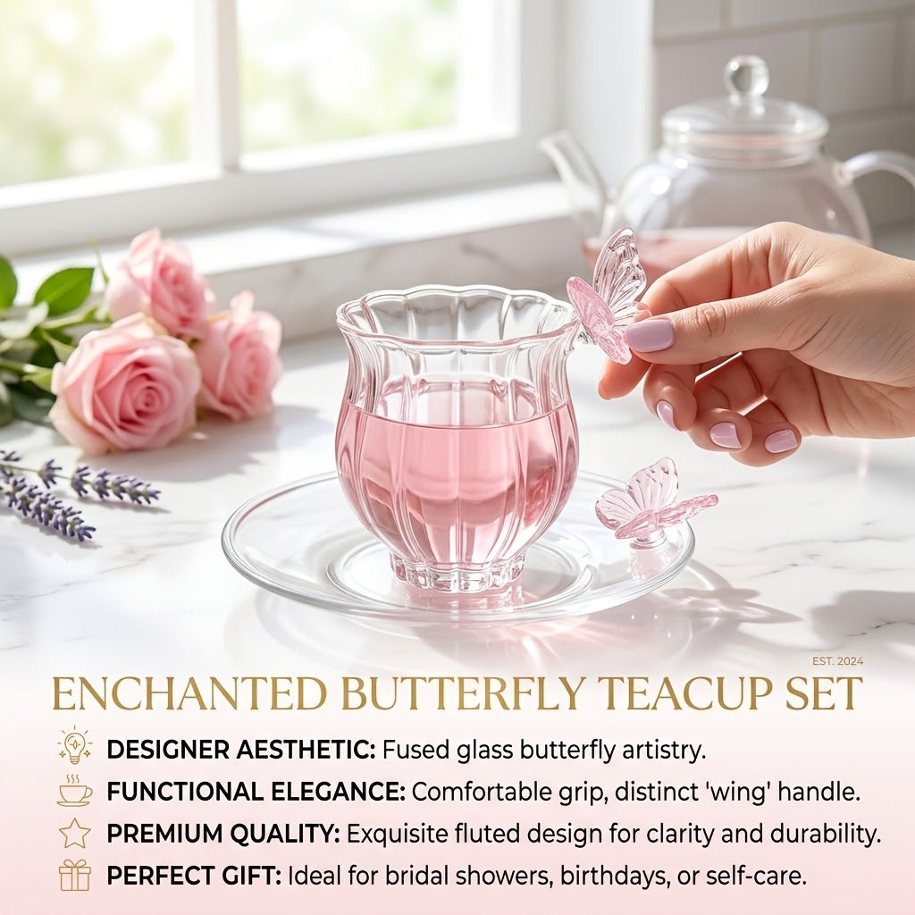 Borosilicate Glass Lotus Tea Cup with Plate 4.73oz – Heat Resistant Transparent Glassware, French Princess Style for Home, Office & Gifting