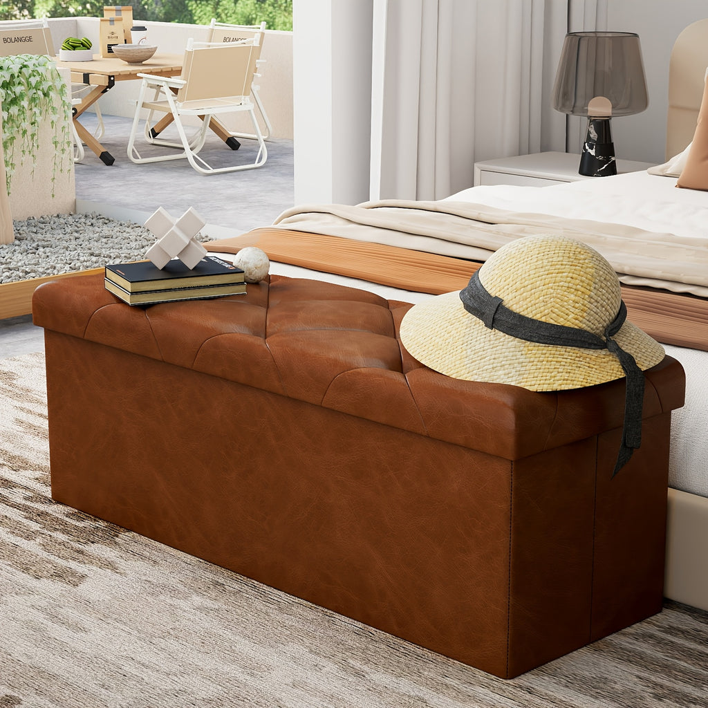 Storage Ottoman Bench with Pull-Out Drawer – 880 lbs Capacity Folding Footrest, Synthetic Leather, 30 & 43 Inch, for Living Room Bedroom Office, Grey & Brown