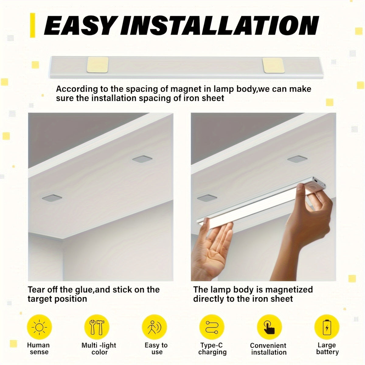 LED Motion Sensor Under Cabinet Lights USB Rechargeable – 3 Color Temperatures Wireless Stick-On Magnetic Night Light for Kitchen Cabinet Closet Wardrobe Cupboard Stairs