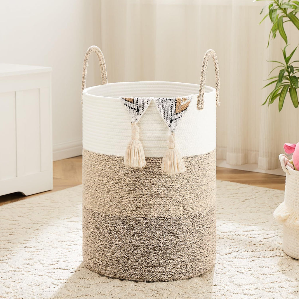 Collapsible Woven Rope Laundry Basket & Hamper - 4 Sizes (12-26 Gal), Cotton Rope Storage Basket for Dirty Clothes, Blankets & Toys, Boho Bathroom Nursery & Living Room Decor
