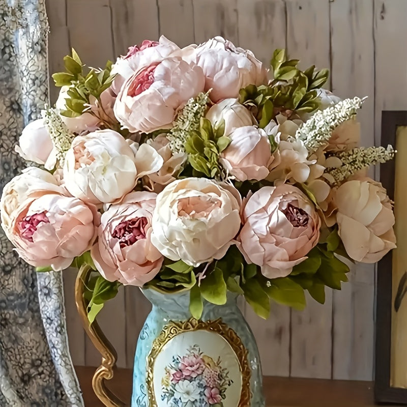 Faux Peonies and Hydrangeas Floral Centerpiece Vintage Rustic Pink Green Mix Artificial Flowers for Bridal Wedding Table Home Living Room Decor