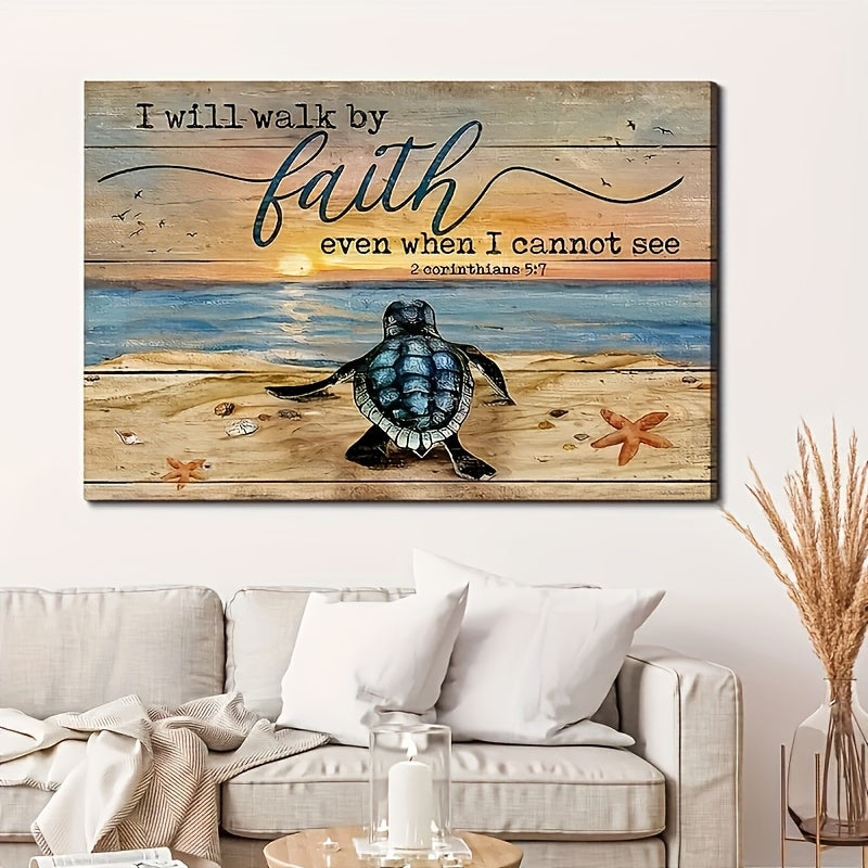 Sea Turtle Canvas Wall Art with Wood Frame – 11.8x15.7 Modern Ocean Beach Painting for Bathroom, Bedroom & Office, Minimalist Coastal Wall Decor Framed Picture