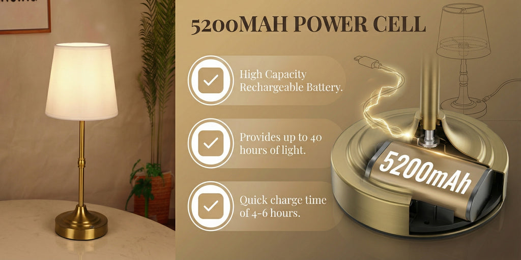 Cordless Rechargeable Table Lamp – Battery Powered Stepless Dimmable Touch Lamp for Bedroom, Dining Room, Kitchen & Office Decor