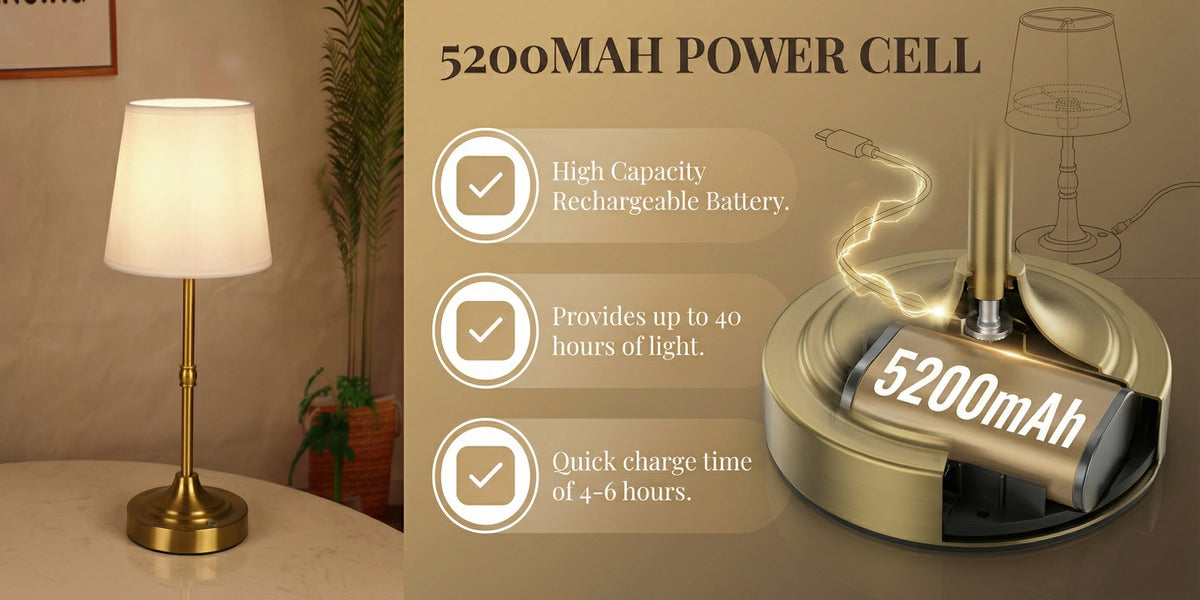 Cordless Rechargeable Table Lamp – Battery Powered Stepless Dimmable Touch Lamp for Bedroom, Dining Room, Kitchen & Office Decor