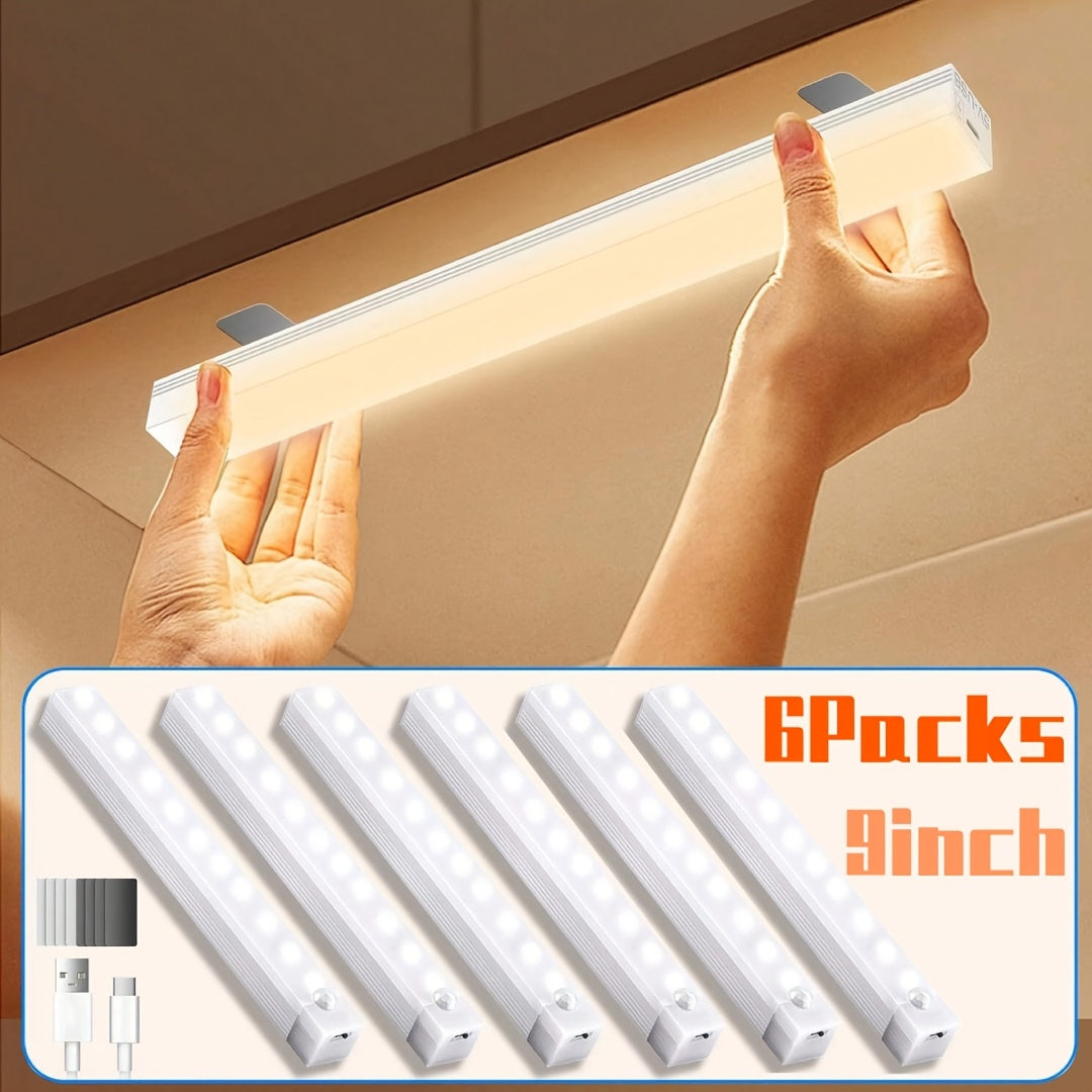 6-Pack Smart LED Motion Sensor Cabinet Light – USB Rechargeable, 3 Modes, Night Light for Bedroom, Stairs, Kitchen & Closet