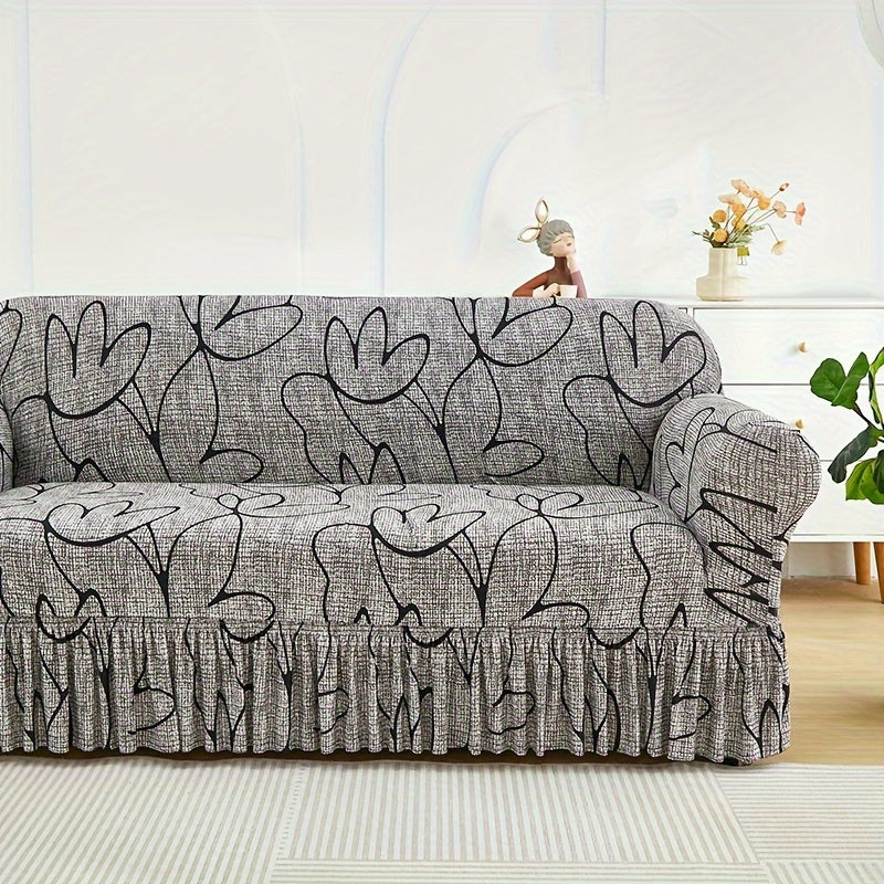 Elastic Sofa Cover with Printed Skirt - Universal Stretch Couch Slipcover Furniture Protector 2 3 4 Seater Living Room Bedroom Office All Seasons