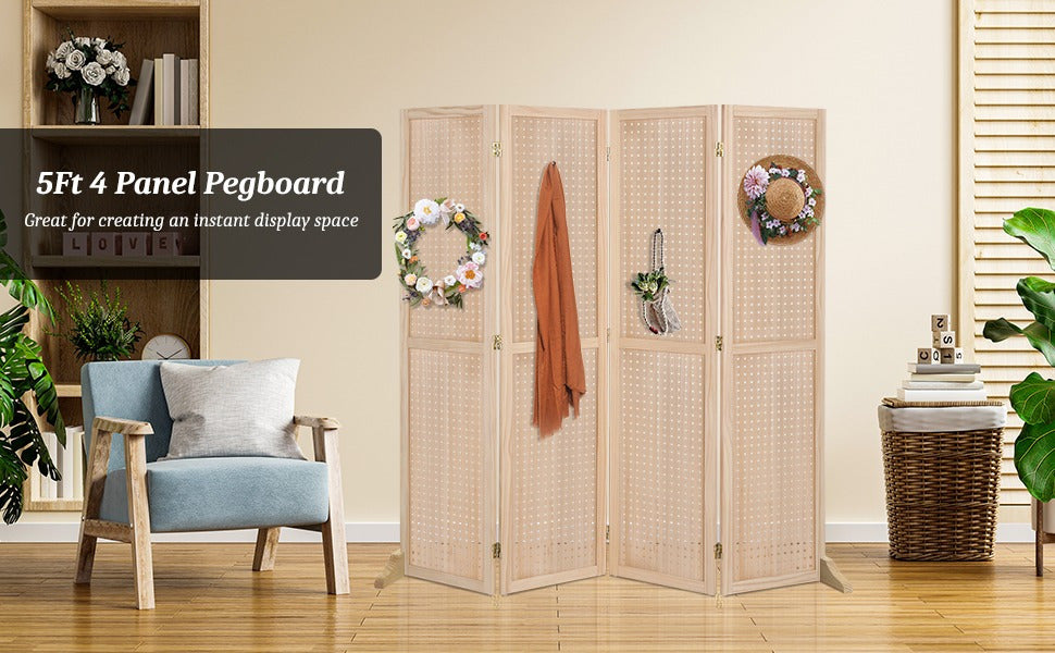 5 FT Freestanding Pegboard Room Divider | Wood Folding Privacy Screen & Display Board Organizer with Support Feet – White, Black, Natural, Grey | Craft Shows, Retail & Home