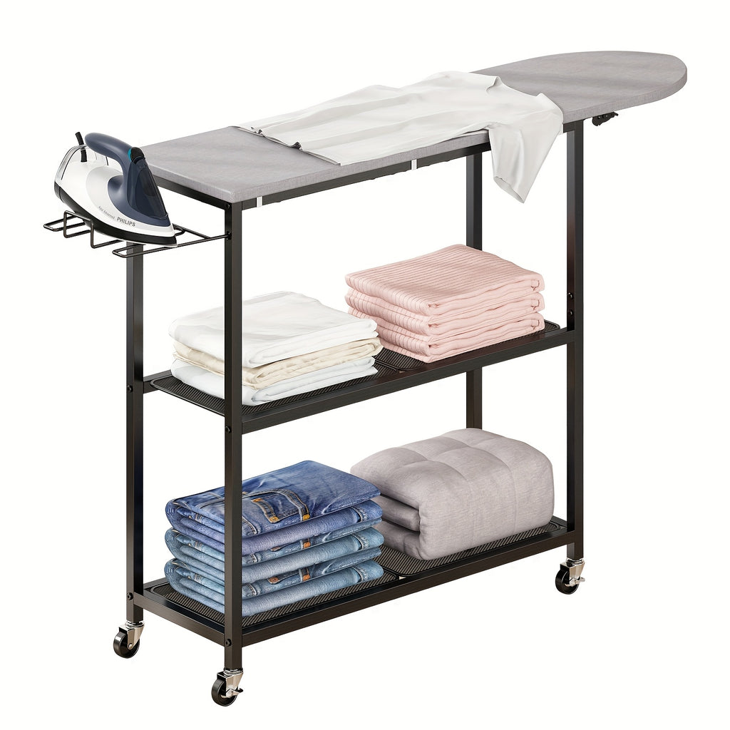 3-Tier Rolling Ironing Board Cart with Storage Shelves & Wheels – Mobile Laundry Station with Foldable Ironing Board, Iron Holder & Lockable Casters for Home Laundry Room, Bedroom & Living Room