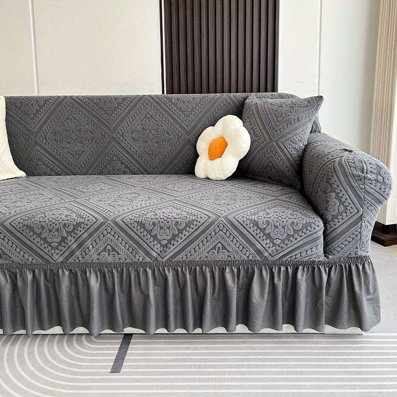 Velvet Jacquard Sofa Slipcover Grey Ruffle Detail Non-Slip Dustproof Stretch Machine Washable All-Season 1 2 3 4 Seater L-Shape Compatible Luxury Couch Cover