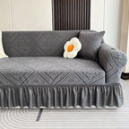 Velvet Jacquard Sofa Slipcover Grey Ruffle Detail Non-Slip Dustproof Stretch Machine Washable All-Season 1 2 3 4 Seater L-Shape Compatible Luxury Couch Cover