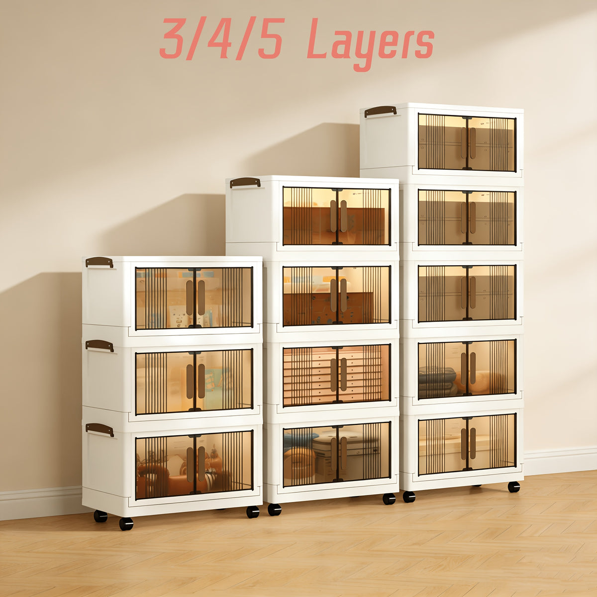 Stackable Plastic Drawer Organizer with Wheels 29 Gallon Extra Large Transparent Storage Cabinet – 3/4/5 Layer Foldable Drawers for Bedroom Closet Living Room