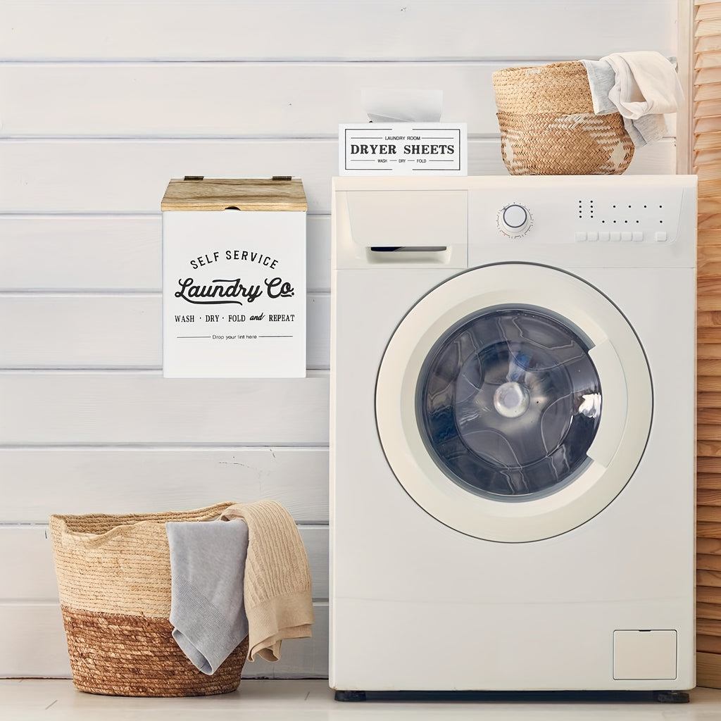 Magnetic Lint & Dryer Sheet Holder Set of 2 – Farmhouse Wood Lint Trash Can with Lid & Magnetic Dryer Sheet Dispenser Box for Laundry Room, Dryer & Wall Mounted Lint Basket