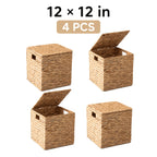 Water Hyacinth Wicker Storage Basket Set 2 or 4 Pack Square Woven Rattan Baskets for Shelves Towels Magazines Kitchen Organization Natural Boho Shelf Bin