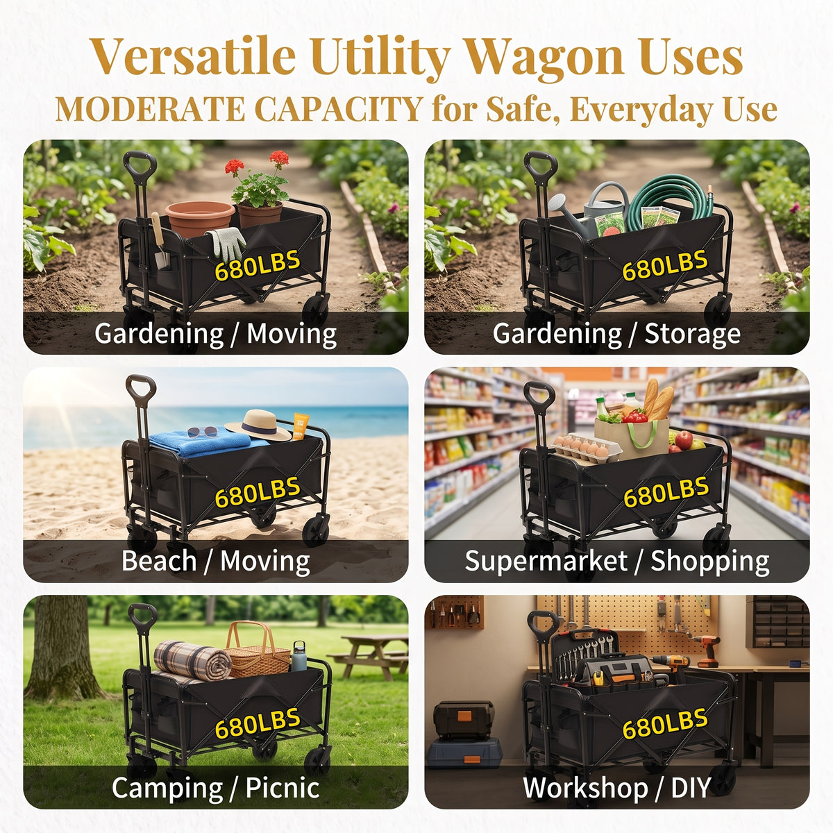 Heavy Duty Folding Utility Cart Wagon with All-Terrain Wheels, 680LBS Capacity Outdoor Camping Garden Shopping Yard Beach Sports Equipment Collapsible Wagon