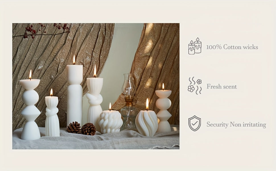 7-Pack Large Ribbed Soy Wax Pillar Candles – Handmade Home Decor Candles for Housewarming Gift, Shelf Decor, Wedding & Dining Table Centerpiece, White, Blue, Black, Orange
