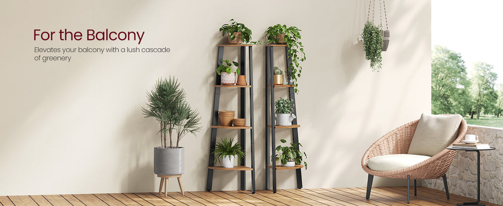 Corner Shelf 4-Tier Ladder Bookshelf & Plant Stand – Industrial Style Space-Saving Corner Shelving Unit for Living Room, Bedroom, Study & Entryway