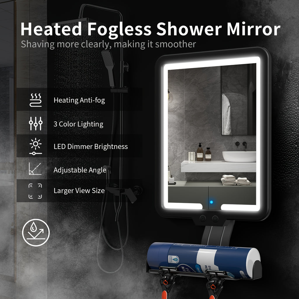 Heated Fog-Free Shower Mirror with LED Light 9.5x7 Inch | Detachable Fogless Bath Mirror with Shaving Foam Base, 2 Razor Holders & 3-Color Adjustable Brightness