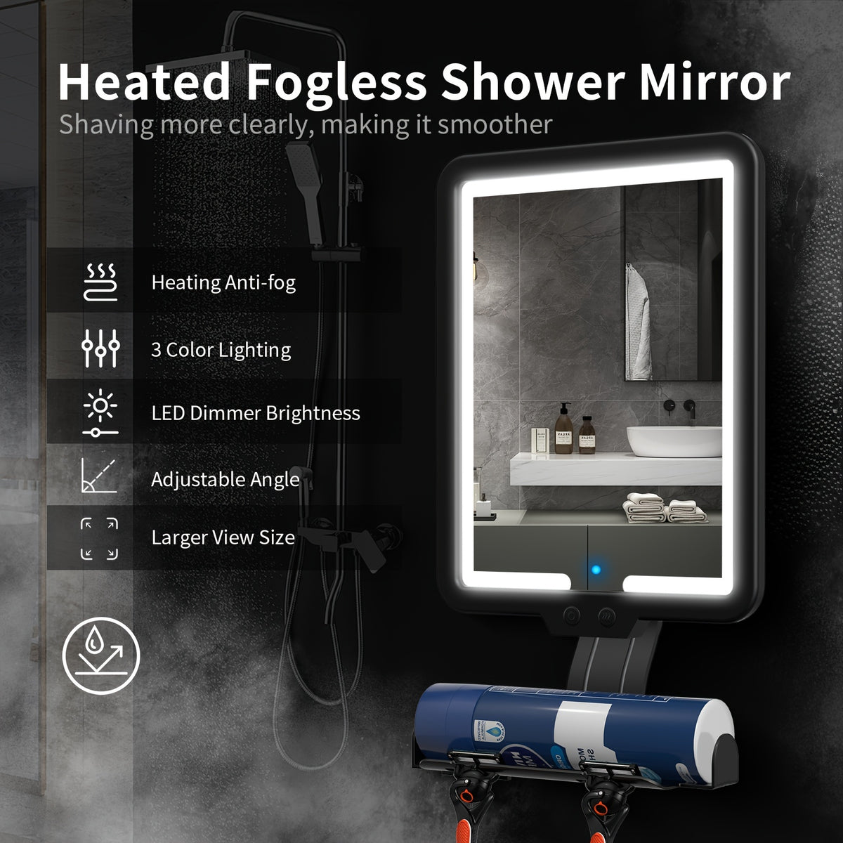Heated Fog-Free Shower Mirror with LED Light 9.5x7 Inch | Detachable Fogless Bath Mirror with Shaving Foam Base, 2 Razor Holders & 3-Color Adjustable Brightness