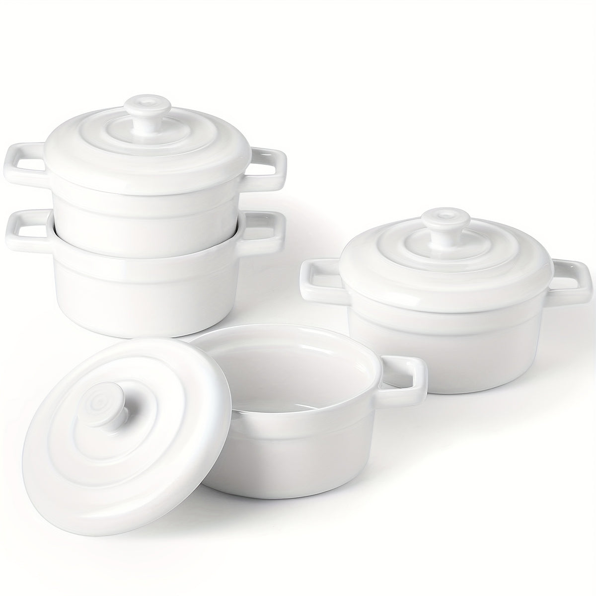 Mini Cocotte Set of 4 - 12oz Ceramic Casserole Dishes with Handles & Lids - Small Baking Ramekins Oven Microwave Dishwasher Safe, French Style Individual Serving Dishes, Red Blue White