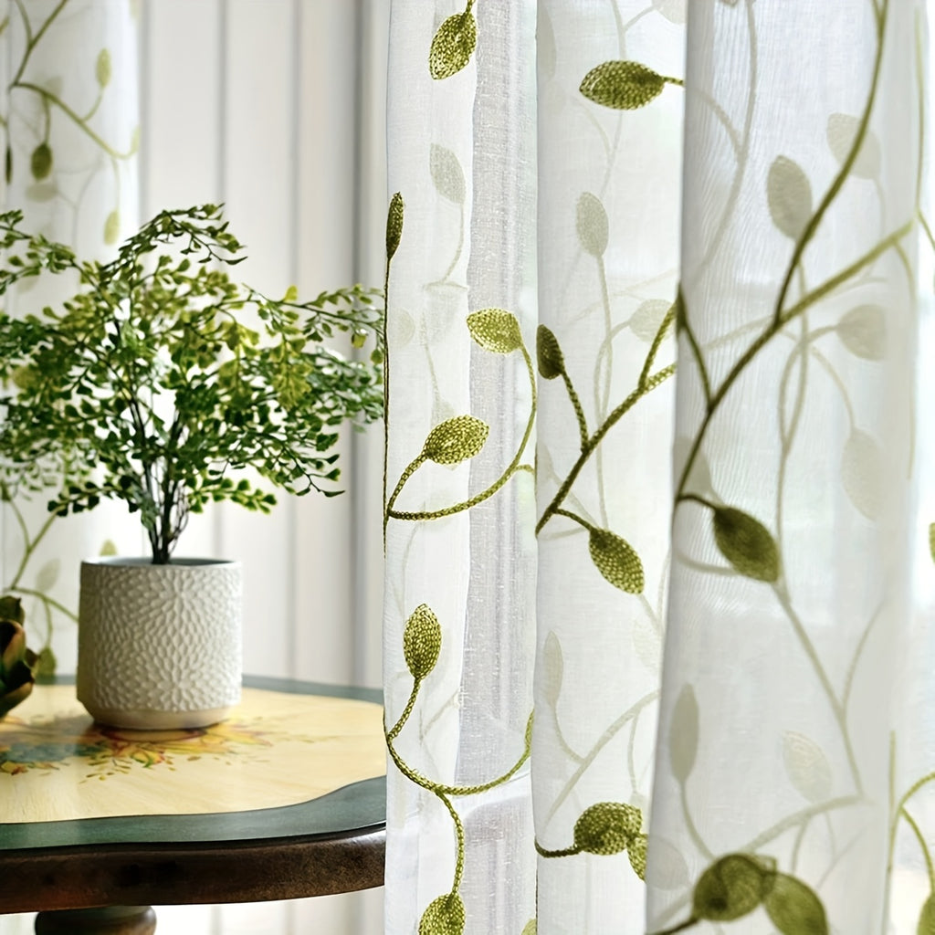 Ivy Leaf Embroidery Sheer Curtains Set of 2, White Gauze Green Botanical Rod Pocket Panels for Living Room Bedroom, 3 Sizes