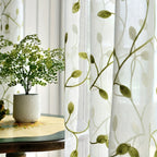 Ivy Leaf Embroidery Sheer Curtains Set of 2, White Gauze Green Botanical Rod Pocket Panels for Living Room Bedroom, 3 Sizes