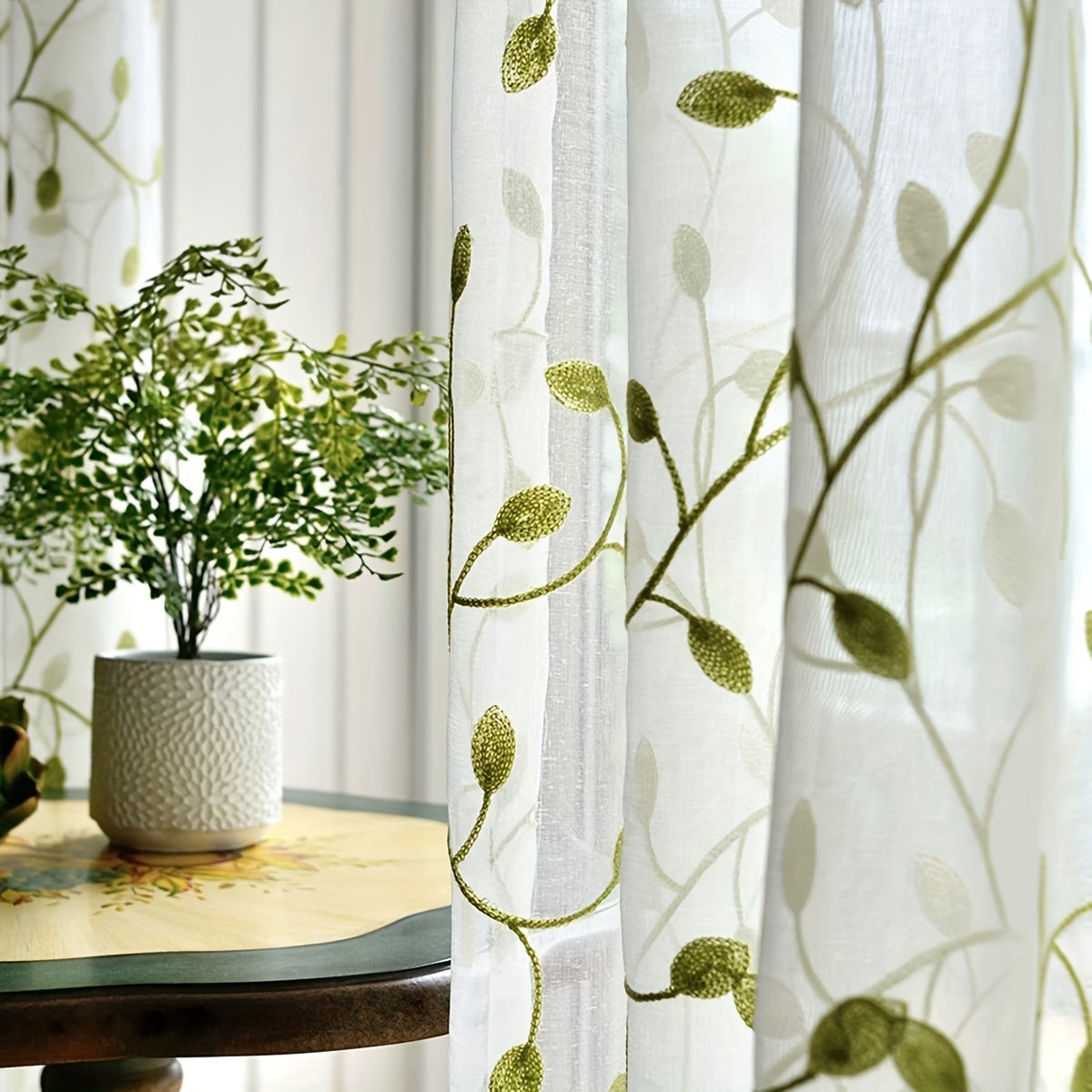 Ivy Leaf Embroidery Sheer Curtains Set of 2, White Gauze Green Botanical Rod Pocket Panels for Living Room Bedroom, 3 Sizes