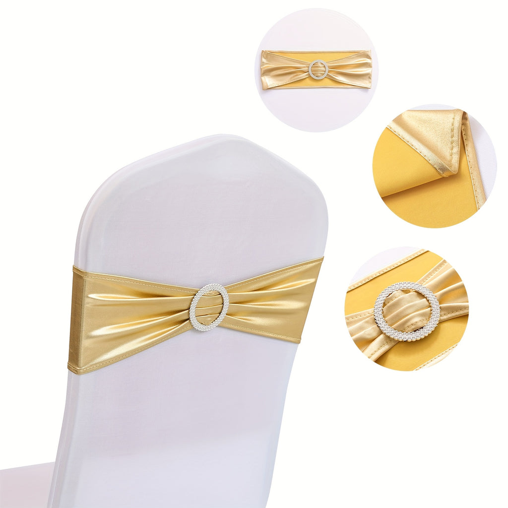 Metallic Spandex Chair Sashes Bow Bands 100pcs – Sparkle Lycra Stretch Chair Ties with Buckle for Wedding, Banquet & Party Decor | Gold, Silver, Rose Gold