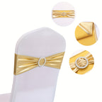 Metallic Spandex Chair Sashes Bow Bands 100pcs – Sparkle Lycra Stretch Chair Ties with Buckle for Wedding, Banquet & Party Decor | Gold, Silver, Rose Gold