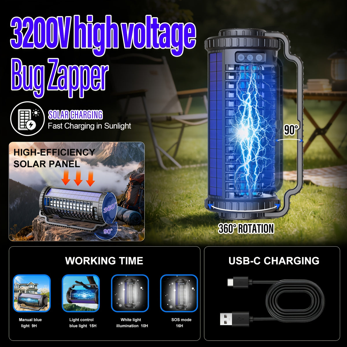 4000mAh Solar Bug Zapper USB Dual Charging Auto Light Sensor 360° Rotatable UV Mosquito Killer Fly Trap Chemical-Free Indoor Outdoor Camping Garden Patio Courtyard