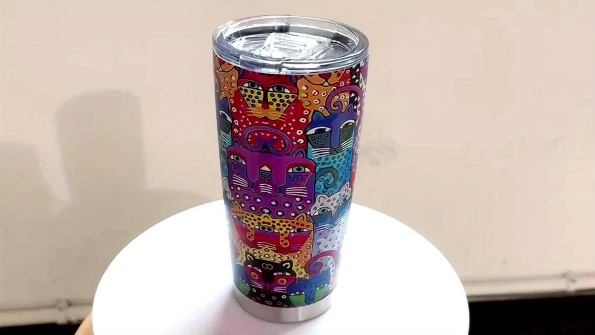 Cat Lover Gift Tumbler 20oz Boho Rainbow Cat Art Insulated Stainless Steel Travel Mug – Leakproof Birthday Gift for Cat Mom Women Pet Lovers