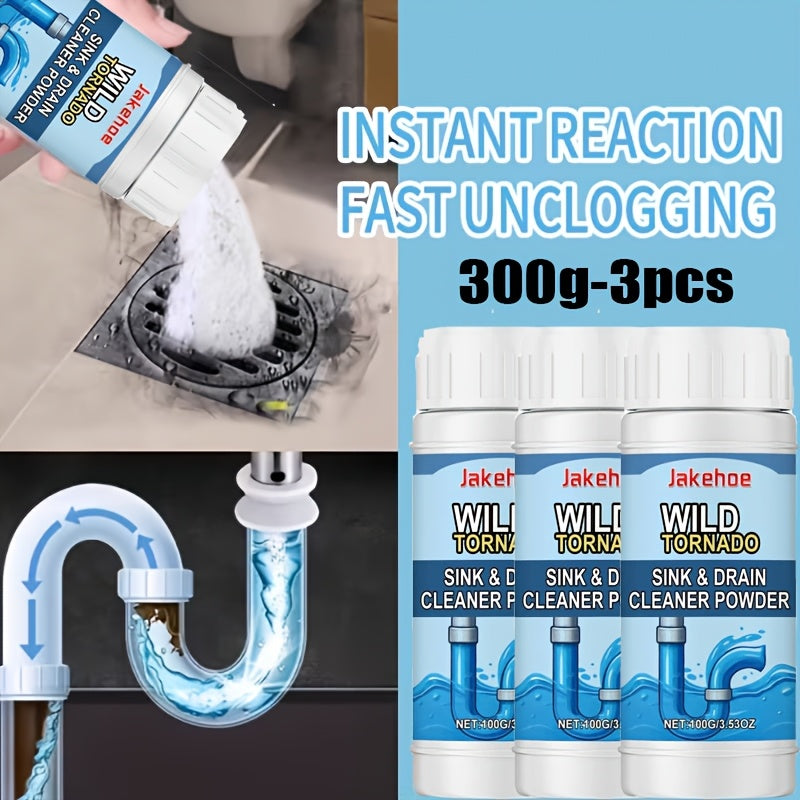 Drain Cleaning Powder 3-Pack 300g – High-Efficiency Pipe Unclogger & Odor Eliminator for Kitchen Sinks, Bathroom Sinks, Bathtubs & Toilets, Drain Cleaner Powder Dissolves Blockages Fast