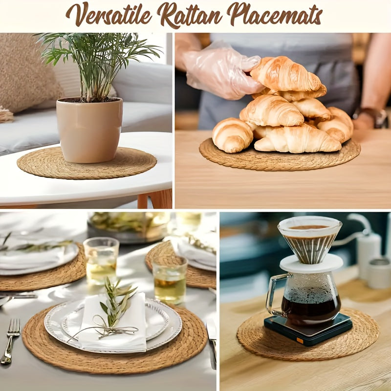 6pcs Natural Rattan Round Placemats 11.8in Heat Resistant Non-Slip Bohemian Wicker Table Mats for Dining Wedding Christmas Thanksgiving