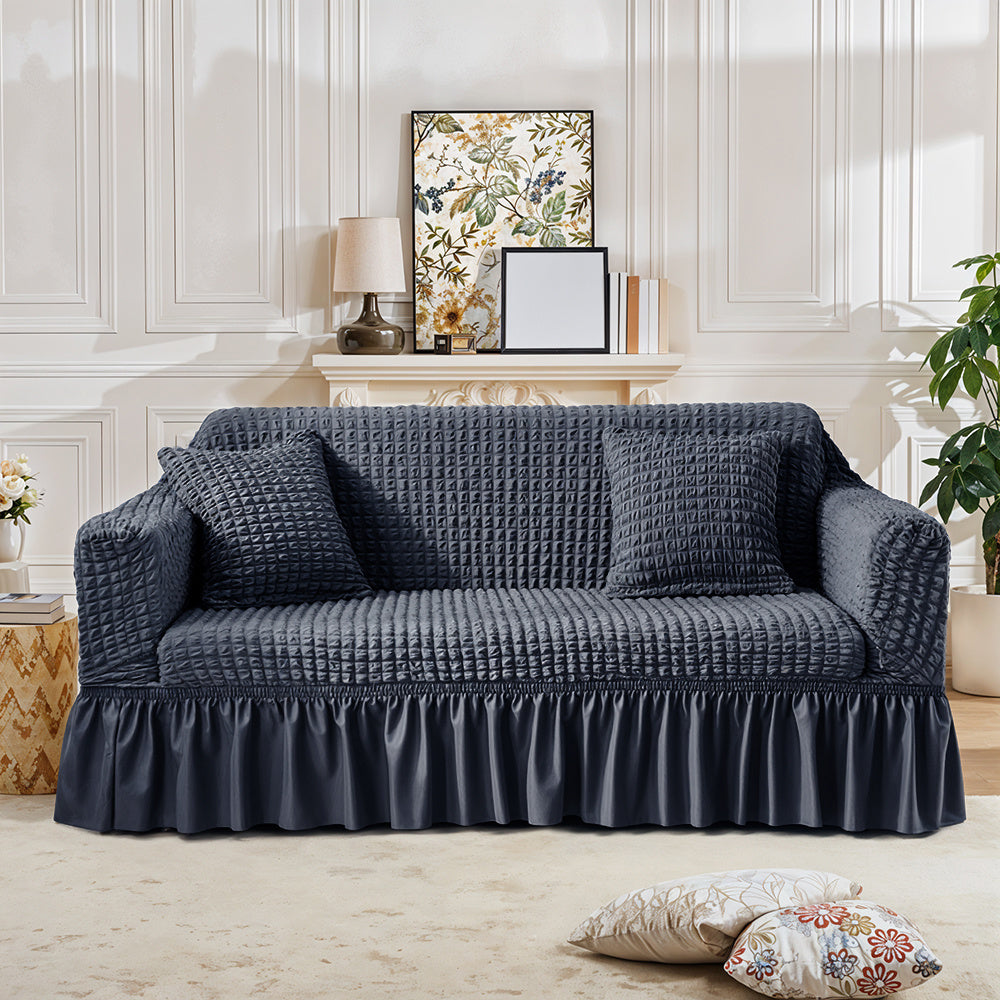 Velvet Jacquard Sofa Cover Ruffle Detail – Non-Slip Dustproof Soft Breathable Slipcover, Machine Washable All-Season, Polyester Spandex, 1/2/3/4 Seater, Grey
