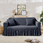 Velvet Jacquard Sofa Cover Ruffle Detail – Non-Slip Dustproof Soft Breathable Slipcover, Machine Washable All-Season, Polyester Spandex, 1/2/3/4 Seater, Grey