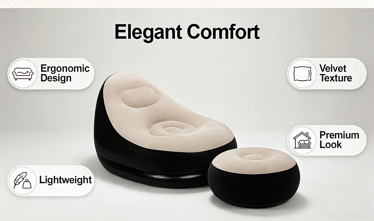 Inflatable Lounge Chair Recliner with Footrest & Foot Pump – Portable Air Sofa Couch for Living Room, Camping, Travel & Balcony, Space-Saving Indoor Outdoor Lounger (6 Colors)