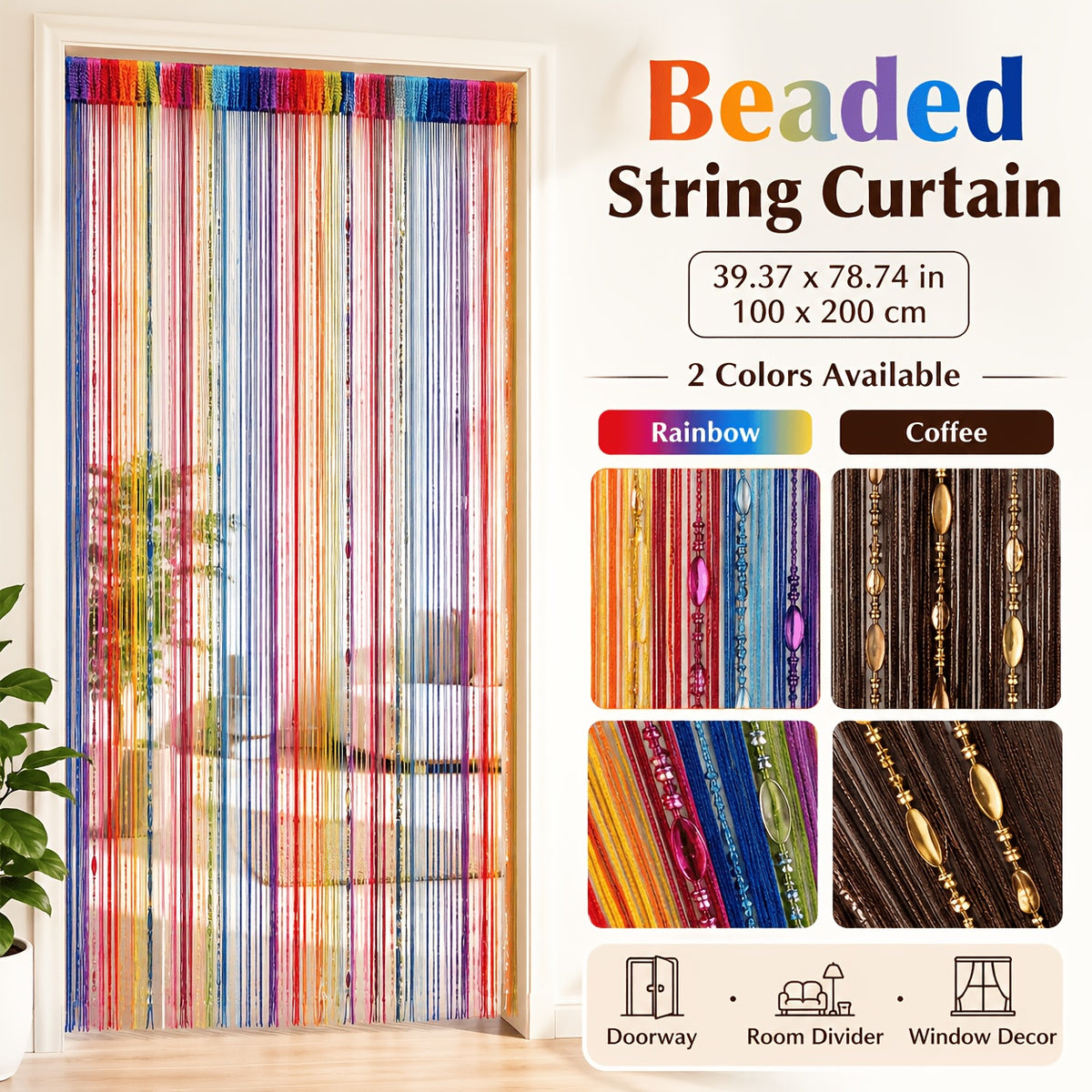 Beaded String Curtain Room Divider Boho Fringe Tassel Doorway Panel – Easy Hang Decorative Bead Curtain for Bedroom, Living Room & Hallway | 2 Colors